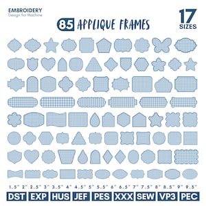 May include: A digital collection of 85 machine embroidery applique frames in 17 sizes ranging from 1.5 to 9.5 inches. Each frame features a blue and white gingham pattern. The file formats included are DST, EXP, HUS, JEF, PES, XXX, SEW, VP3, and PEC.