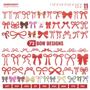 Può includere: Una collezione digitale di 72 disegni di fiocchi per ricamo a macchina in vari stili e forme. L'immagine mostra fiocchi rossi, con una riga inferiore multicolore. Il testo include EMBROIDERY Design for Machine, 72 BOW DESIGNS, 11 dimensioni da 2,54 cm a 15,24 cm e formati di file come DST, EXP, HUS, JEF, PES, XXX, SEW, VP3 e PEC.