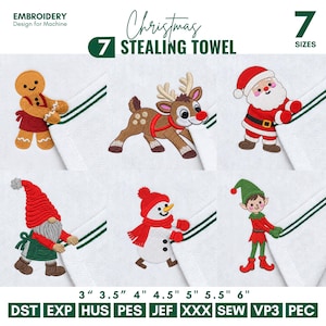 Borduurset voor handdoeken met kerstthema, 7 maten, Kerstman, Rendier, Kabouter, Elf (digitale download)