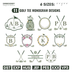 Peut inclure: Onze motifs de broderie machine sur le thème du golf, incluant sacs, clubs, balles, drapeaux et écussons avec monogrammes. Le texte indique : EMBROIDERY Design for Machine, 6 SIZES: 2" 3" 4" 5" 6" 7", 11 GOLF TEE MONOGRAM DESIGNS, SMITH, DST, EXP, HUS, JEF, PES, XXX, VP3.
