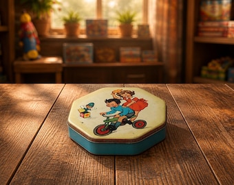 Vintage Engeland blikken kinder driewieler jack in box speelgoed snoep toffee blikje halverwege de eeuw kinderkamer decor