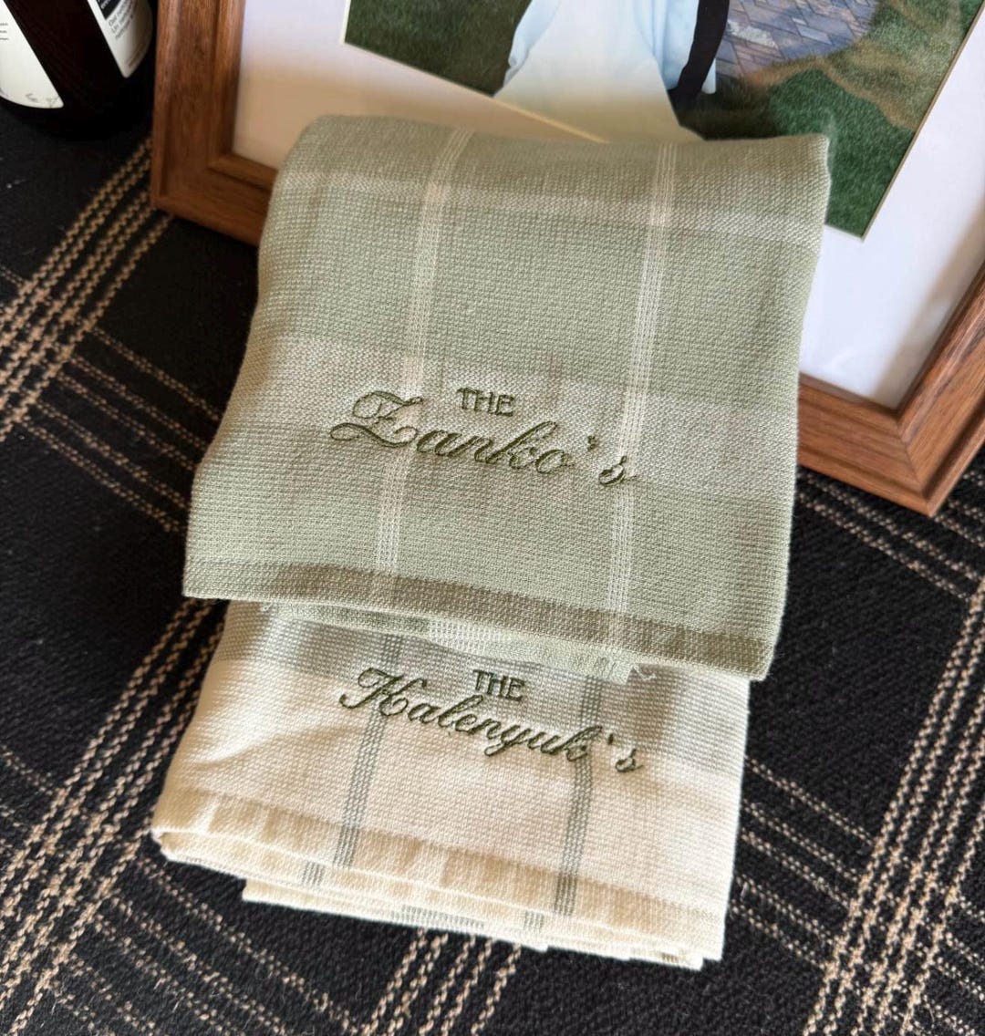 Custom Embroidered Kitchen Towels - Personalized Kitchen Towel - Beige w/ Green