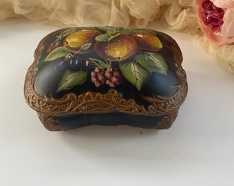 Vintage Ceramic Hand Painted Fruit Trinket Box, Ornate Gold Trim Jewelry Keepsake Box