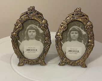 Pair of Small Vintage Brass Picture Frames – Ornate Oval Miniatures