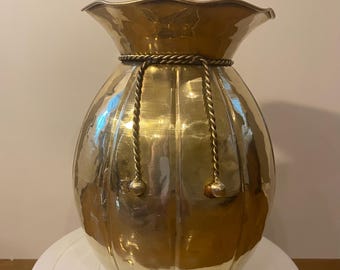 Vintage Brass Bag Vase with Twisted Rope and Tassel