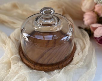 Vintage Teakwood Cheese Server with Glass Dome Cloche, Mid-Century Platter