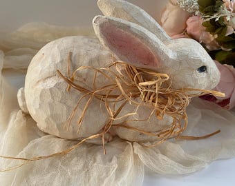White Crackle Finish Bunny Figurine, Rustic Easter Rabbit Decor, Vintage Style Home Accent