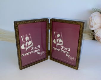 Vintage Embossed Metal Bi-fold Picture Frame, Ornate folding frame