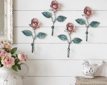 Vintage Italian Tole Rose Wall Hooks, Hand-Painted Metal Flower Hooks, Set of 3