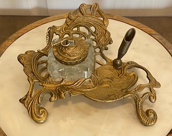 Vintage Brass Ornate Inkwell with Pen Holder, Victorian Desk Decor