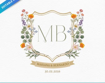 Modèle Canva modifiable de blason de mariage champêtre | Monogramme floral aquarelle | Initiales personnalisées du couple | Logo de mariage botanique