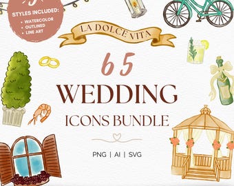 Ensemble d'icônes de mariage La Dolce Vita | 65 illustrations de mariage aquarelle et trait | Croquis de mariage artistiques dessinés à la main