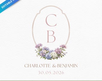 Editable Hydrangea Wedding Crest Canva Template | Floral Monogram | Custom Couple Initials | Wedding Logo Design