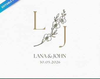 Modèle Canva modifiable d'un blason de mariage avec orchidées | Monogramme floral en traits | Initiales personnalisées du couple | Logo de mariage botanique