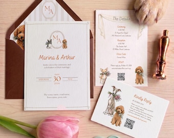 Modèle Canva modifiable pour invitations de mariage sur le thème des chiens | Invitation aquarelle pour animaux de compagnie | Carte RSVP, carte Save the Date, carte d'informations, doublure d'enveloppe et blason personnalisé