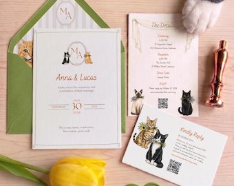 Modèle Canva modifiable pour invitations de mariage sur le thème des chats | Invitation aquarelle pour animaux | Invitation de mariage pour amoureux des chats | RSVP, Save the Date et blason personnalisé