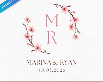 Modèle Canva modifiable d'écusson de mariage avec fleurs de cerisier | Monogramme Sakura aquarelle | Initiales personnalisées du couple | Logo de mariage romantique