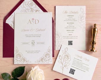 Invitations de mariage avec motif de roses | Modèles Canva modifiables | Cartes RSVP, Save the Date, Informations pratiques et doublures d'enveloppe