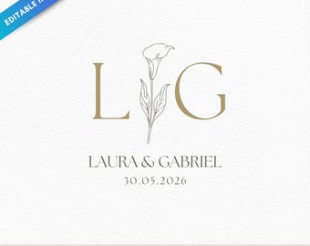 Modèle Canva modifiable de blason de mariage avec arum | Monogramme floral en traits | Initiales personnalisées des mariés | Logo de mariage botanique