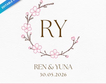 Modèle Canva modifiable d'écusson de mariage Sakura | Monogramme aquarelle de fleurs de cerisier | Initiales personnalisées du couple | Logo de mariage botanique