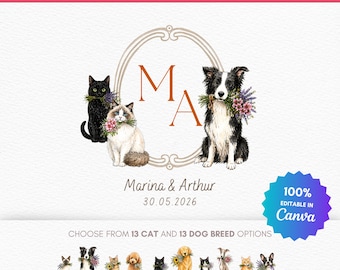 Modèle Canva modifiable d'écusson de mariage pour chien et chat | Monogramme aquarelle pour animaux de compagnie | Initiales personnalisées du couple | Logo de mariage pour animaux de compagnie