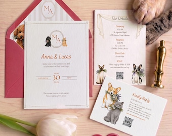 Modèle Canva modifiable pour invitations de mariage d'animaux | Ensemble d'invitations aquarelle chat et chien | Invitation de mariage pour animaux | RSVP, Save the Date et blason personnalisé