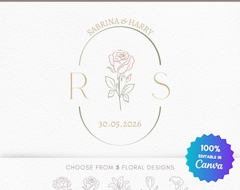 Modèle Canva modifiable de blason floral pour mariage | Monogramme ovale minimaliste | Initiales personnalisées du couple | Logo botanique pour faire-part