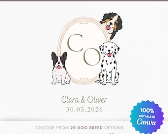 Modèle Canva modifiable de blason de mariage avec dessin au trait de chien | Monogramme personnalisé pour animal de compagnie | Initiales du couple | Création de logo de mariage