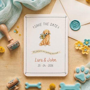 Pode incluir: Um cartão Save the Date com uma ilustração em aquarela de um golden retriever com flores. O cartão inclui o texto "Save the Date", os nomes "Lara & John" e a data "25.04.2026". Elementos decorativos: selo de cera e guloseimas em forma de pata.