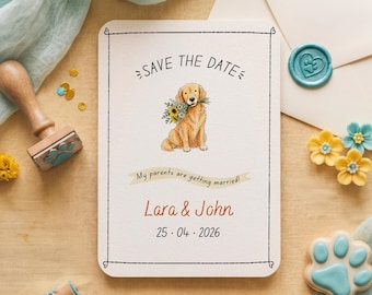 Modèle Canva modifiable « Réservez la date » avec un chien | Invitation de mariage pour animaux de compagnie | Illustration de chiot | Format imprimable 5x7