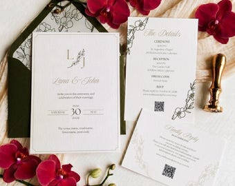 Suite de mariage personnalisable avec illustration d'orchidée | Kit d'invitations Canva | RSVP, Save the Date, carte d'informations, doublures et blason