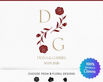 Modèle Canva modifiable de monogramme de mariage | Logo initial floral | Blason de mariage rose tulipe orchidée | Monogramme de mariée élégant