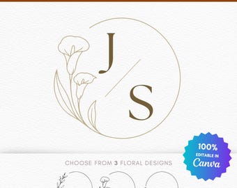 Modèle Canva modifiable de monogramme de mariage | Logo floral circulaire | Design minimaliste avec initiales | Logo personnalisé avec nom