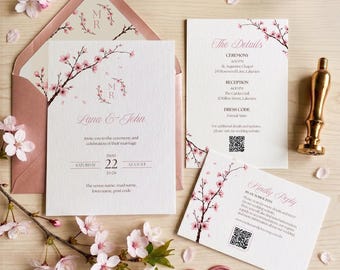 Modèle de faire-part de mariage Fleurs de cerisier | Ensemble d'invitations Canva modifiable | RSVP, Save the Date, Carte d'informations, Doublures et Blason