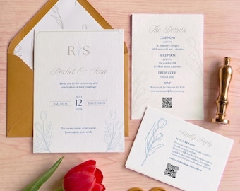 Modèle Canva pour faire-part de mariage Tulipe | Ensemble d'invitations de mariage florales modifiable | Cartes RSVP, Save the Date, Informations et doublures d'enveloppe