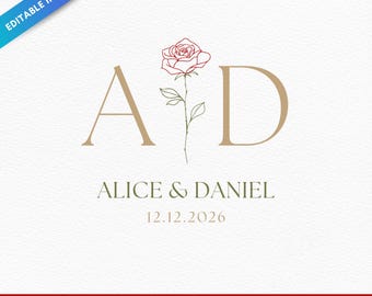 Modèle Canva modifiable de blason de mariage avec roses | Monogramme floral en traits | Initiales personnalisées du couple | Logo de mariage botanique