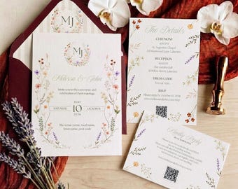 Suite de mariage personnalisable sur le thème du jardin français | Kit d'invitations Canva | RSVP, Save the Date, Carte d'informations, Doublures et Blason