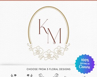 Modèle Canva de monogramme de mariage modifiable | Logo floral ovale | Initiales minimalistes | Monogramme personnalisé