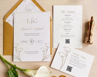 Invitations de mariage au trait de lys calla | Modèles Canva modifiables | Cartes RSVP, Save the Date, Informations pratiques et doublures d'enveloppe