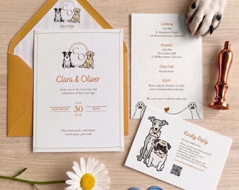Modèle Canva pour faire-part de mariage avec dessin au trait de chien | Invitations personnalisées pour animaux de compagnie | Cartes RSVP, Save the Date et informations modifiables