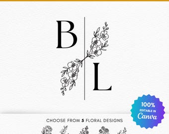 Modèle Canva modifiable de monogramme de mariage | Logo initiales avec motif floral | Logo de mariage minimaliste | Création d'initiales personnalisées