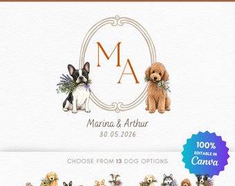 Modèle Canva modifiable d'écusson de mariage pour chien | Monogramme aquarelle pour animaux de compagnie | Initiales personnalisées du couple | Logo de mariage inspiré des animaux