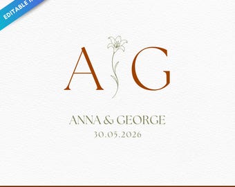 Modèle Canva modifiable d'un blason de mariage avec un lys | Monogramme floral en traits | Initiales personnalisées du couple | Logo de mariage botanique