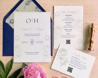 Modèle Canva pour faire-part de mariage pivoine | RSVP, Save the Date, carte d'informations et doublures d'enveloppe | Ensemble modifiable
