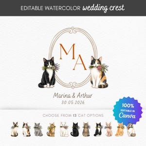 Editable Cat Wedding Crest Canva Template | Watercolor Pet Monogram | Custom Couple Initials | Pet-Inspired Wedding Logo