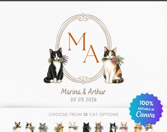 Modèle Canva modifiable de blason de mariage pour chat | Monogramme aquarelle pour animaux de compagnie | Initiales personnalisées du couple | Logo de mariage inspiré des animaux