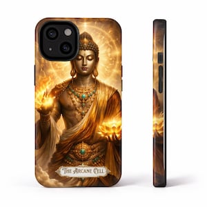 Pode incluir: Capa de telemóvel com uma ilustração detalhada de uma figura serena de Buda. A obra de arte mostra Buda em uma túnica dourada, segurando chamas e uma flor de lótus. A capa tem um esquema de cores marrom e dourado, com o texto "THE ARCANE CELL".