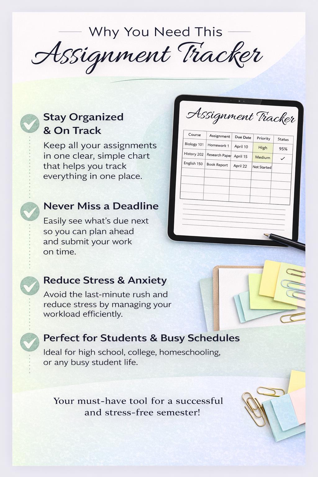 Student Assignment Tracker | Printable Homework Planner (digital ...