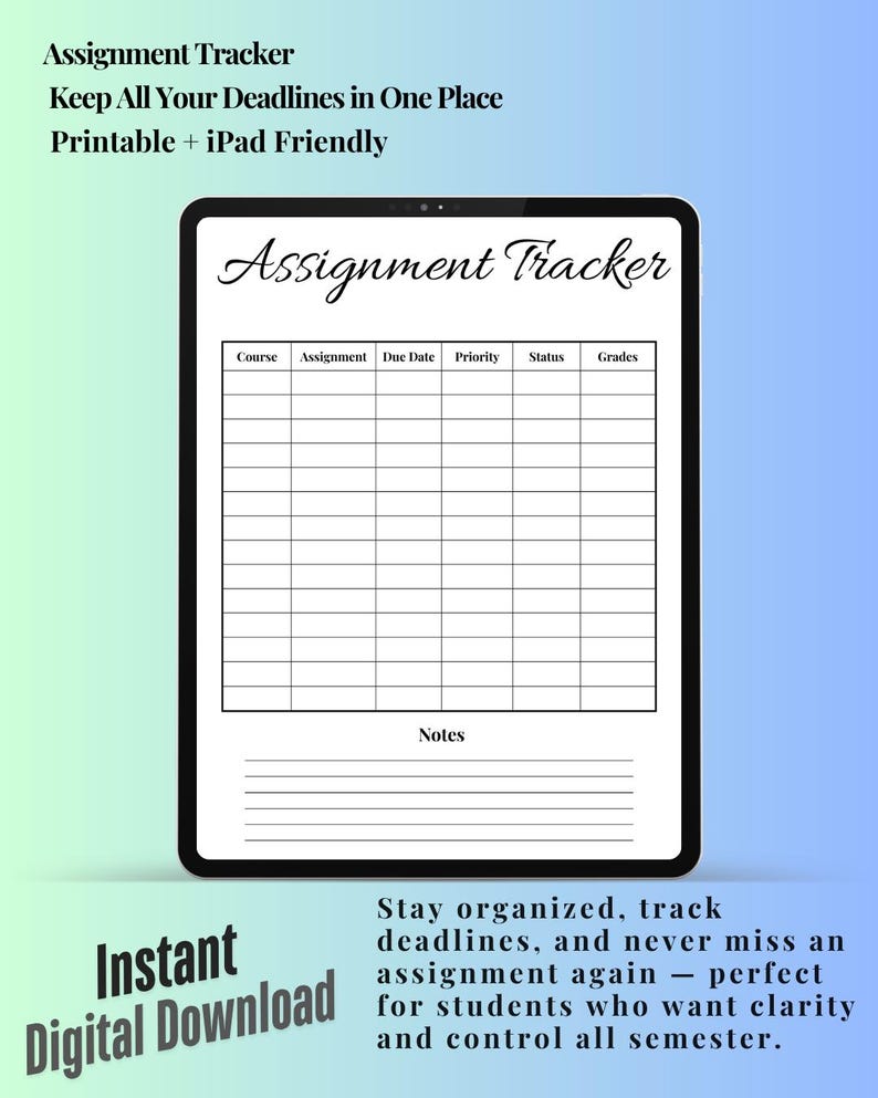 Student Assignment Tracker | Printable Homework Planner (digital ...