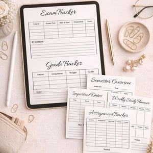 Puede incluir: Un conjunto digital e imprimible de planificador y rastreador para estudiantes. Incluye un Exam Tracker, Grade Tracker, Semester Overview, Important Dates, Weekly Study Planner y Assignment Tracker. El texto "Digital & Printable" también es visible.